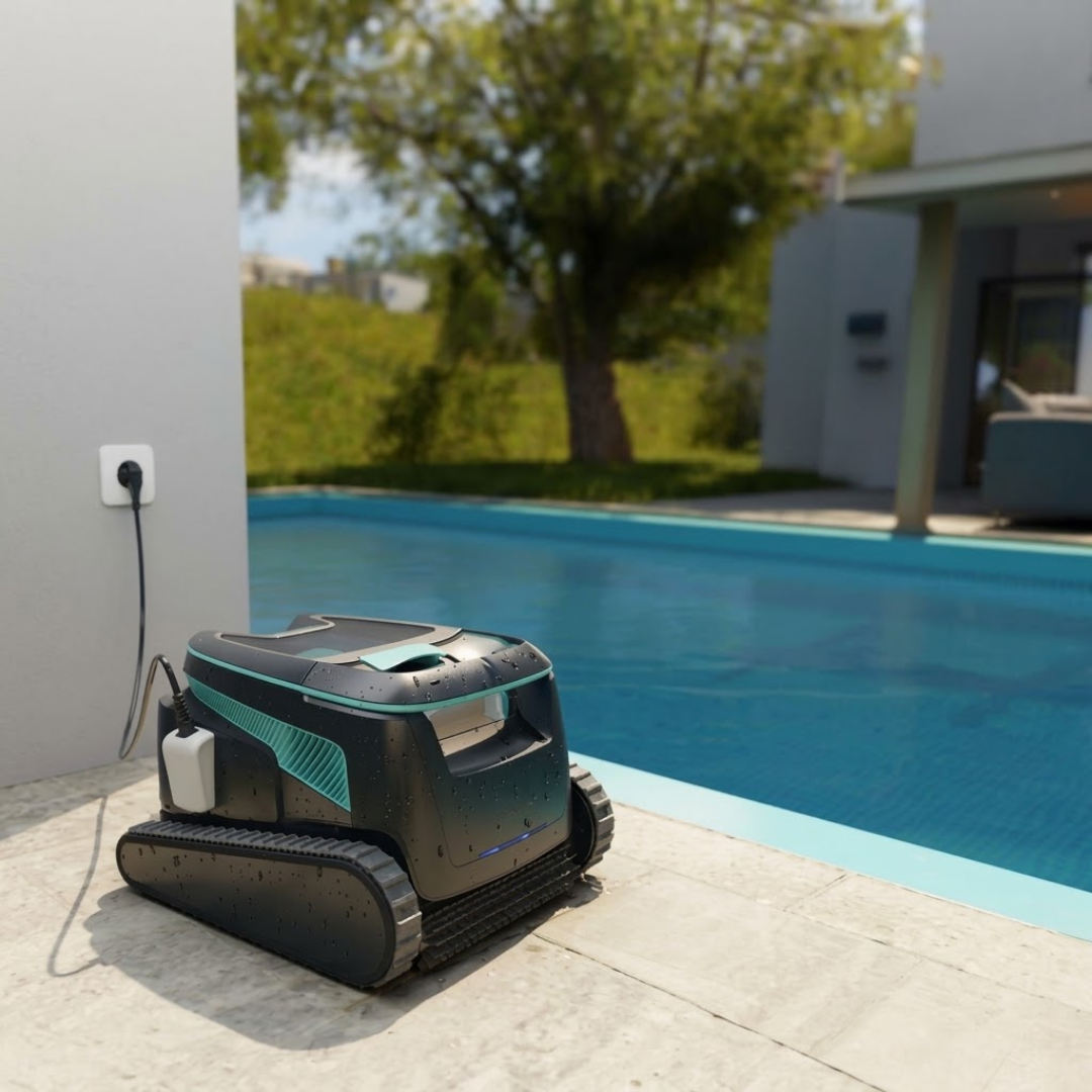 Lifestyle view of the Maytronics Dolphin Liberty 600 robotic pool cleaner resting on a patio next to a swimming pool while plugged into an outdoor wall outlet for charging.