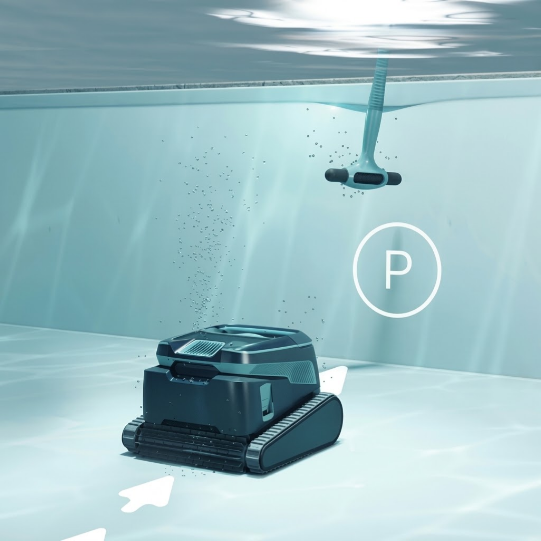 Underwater 3D diagram showing the Maytronics Dolphin Liberty 600 robotic pool cleaner on the pool floor responding to the Clicker rattle tool submerged above, with directional arrows and a 'P' parking symbol indicating sensor recall feature.