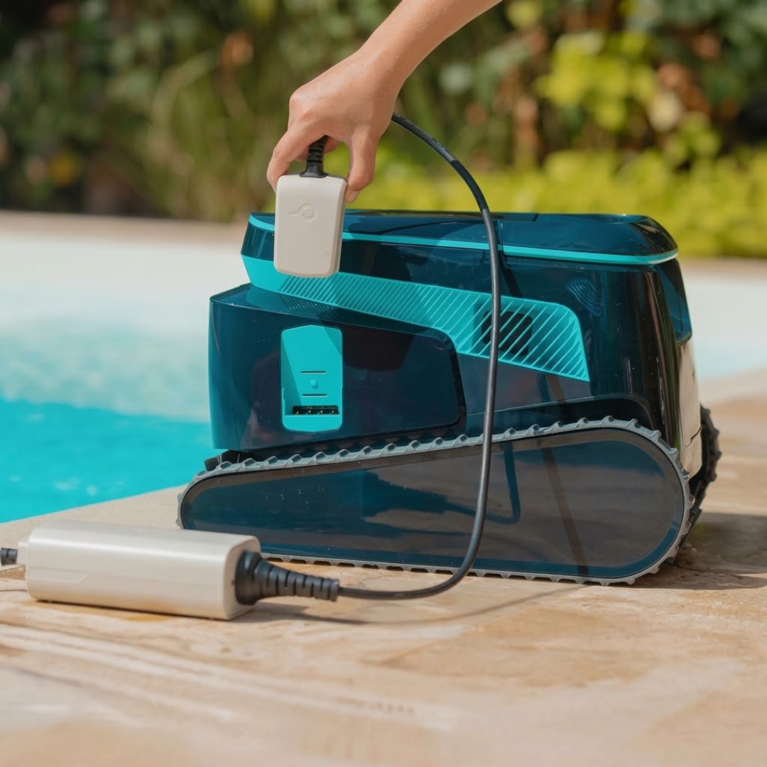 Side profile lifestyle view of the Maytronics Dolphin Liberty 600 robotic pool cleaner resting poolside, showing a person connecting the magnetic inductive charging cable to the side port near the power switch.