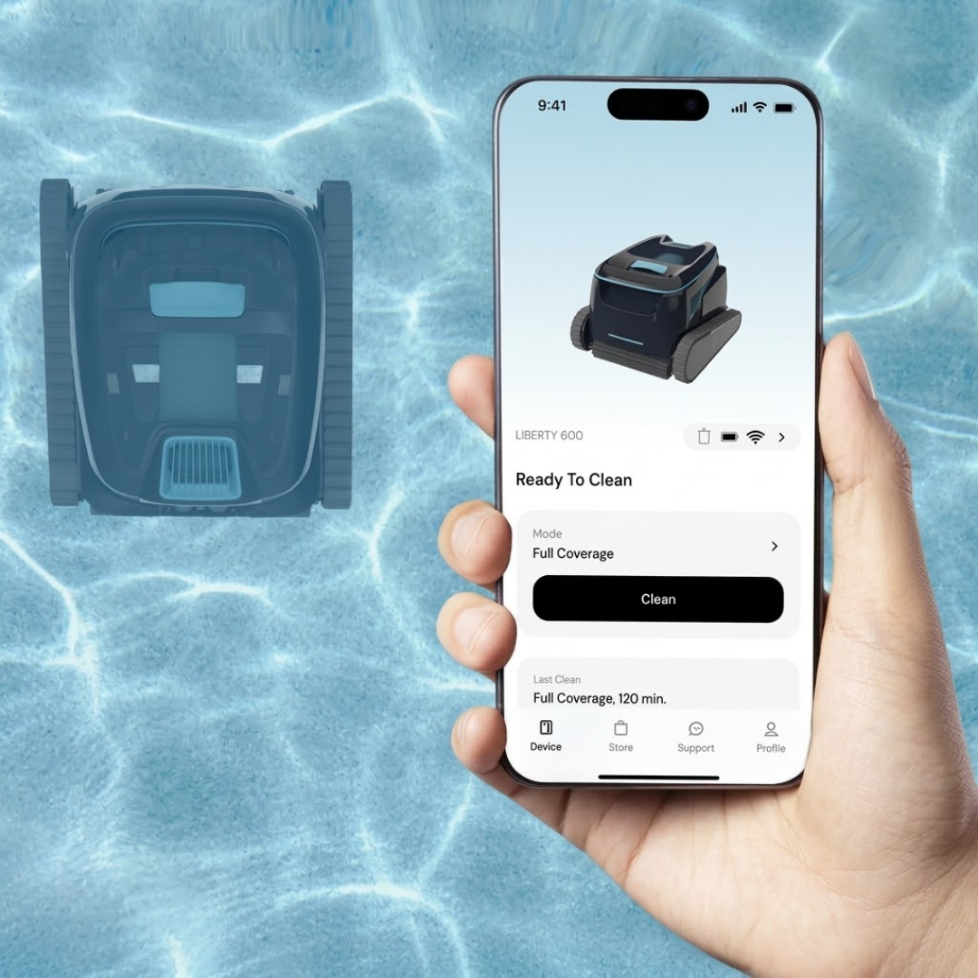 Close-up lifestyle view of a hand holding a smartphone displaying the MyDolphin Plus app interface configured for the Liberty 600 model, set against a transparent blue water background with the unit underneath.