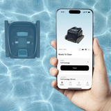 Close-up lifestyle view of a hand holding a smartphone displaying the MyDolphin Plus app interface configured for the Liberty 600 model, set against a transparent blue water background with the unit underneath.