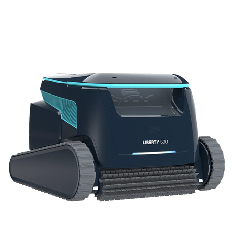 Studio product shot on a white background of the Maytronics Dolphin Liberty 600 robotic pool cleaner, featuring a dark navy blue casing with light blue trim accents, front scrubbing brush, transparent window, and grey continuous track treads.