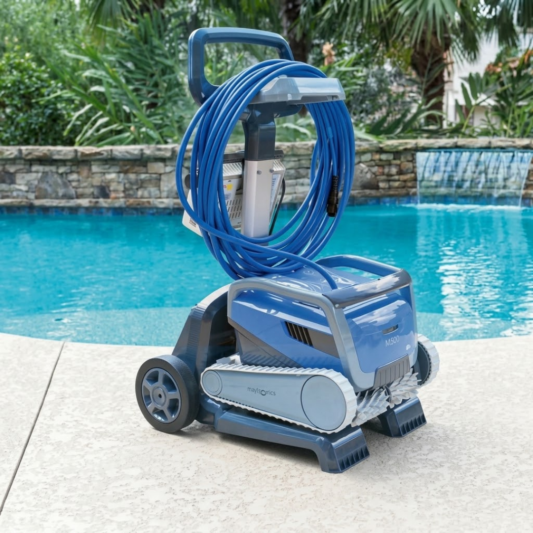 Lifestyle view of the Maytronics Dolphin M 600 robotic pool cleaner mounted on its premium storage caddy poolside, with the blue power cable neatly wrapped around the caddy hook.