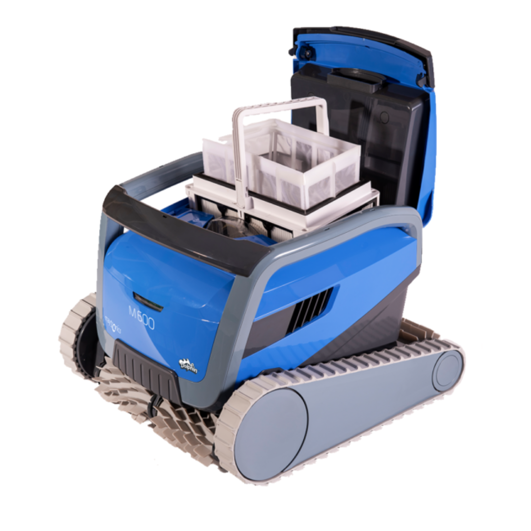 Studio product view on a white background of the Maytronics Dolphin M 600 robotic pool cleaner with its top blue lid open, revealing the multi-layer filter basket with carrying handle.