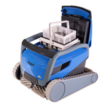 Studio product view on a white background of the Maytronics Dolphin M 600 robotic pool cleaner with its top blue lid open, revealing the multi-layer filter basket with carrying handle.