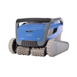 Studio product view of the Maytronics Dolphin M 600 robotic pool cleaner on a white background, featuring a blue top casing, grey carrying handle, dual grey active scrubbing brushes, and side tracks.