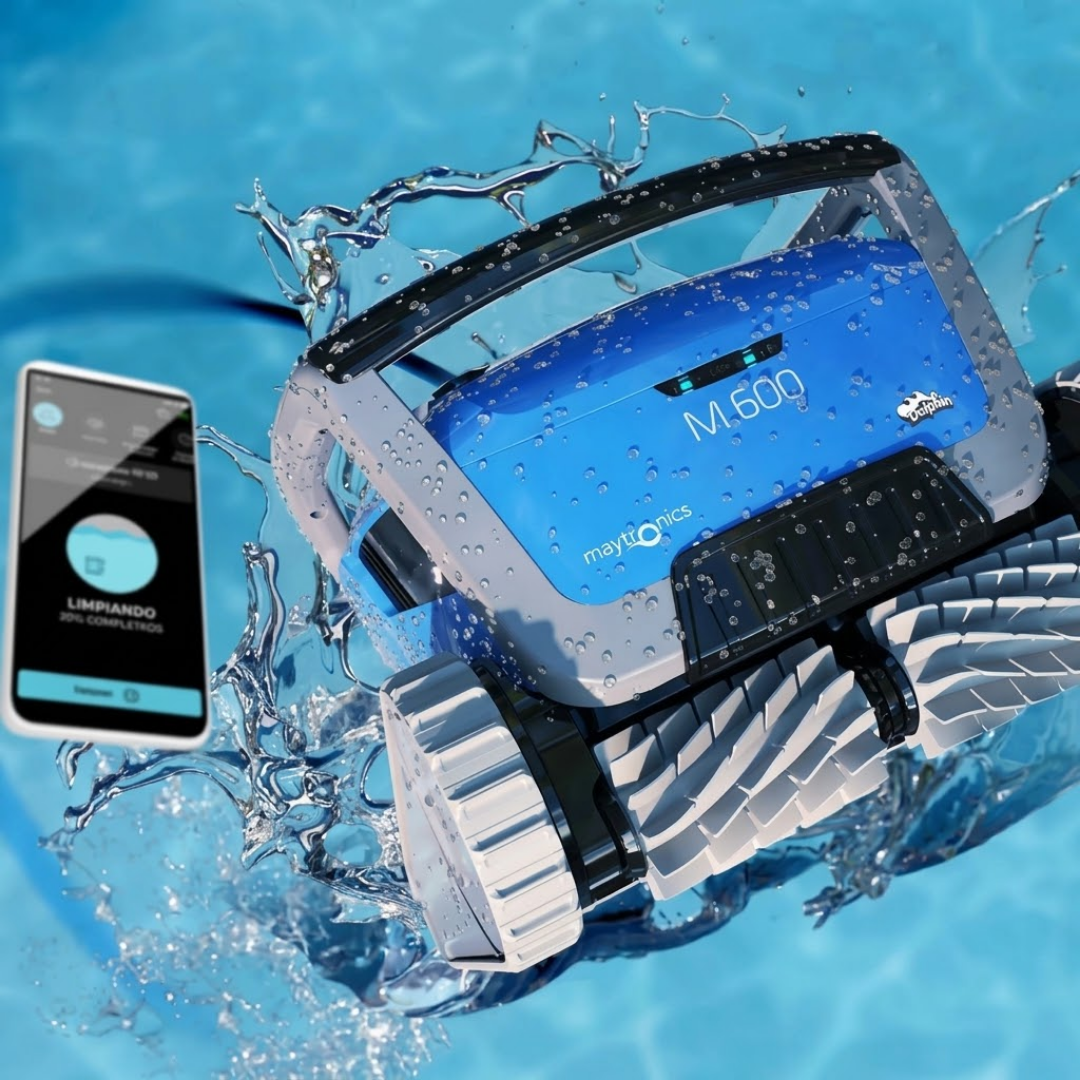 Dynamic promotional lifestyle shot of the Maytronics Dolphin M 600 robotic pool cleaner splashing out of clear blue water, shown alongside a smartphone featuring the mobile control app.