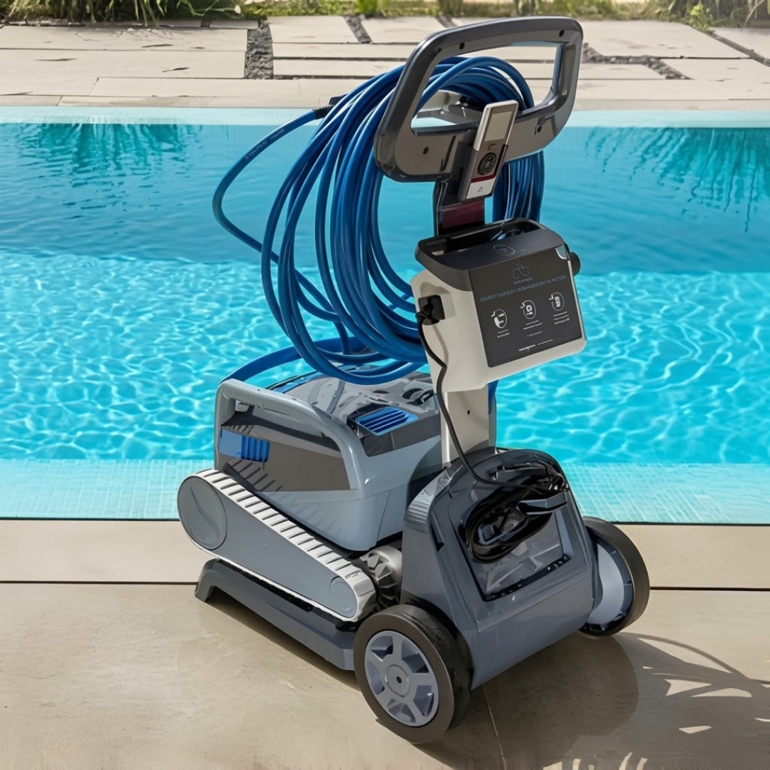Lifestyle view of the dark grey Maytronics Dolphin M 700 robotic pool cleaner mounted on its premium storage caddy poolside, featuring the power supply unit and neatly coiled blue cable.