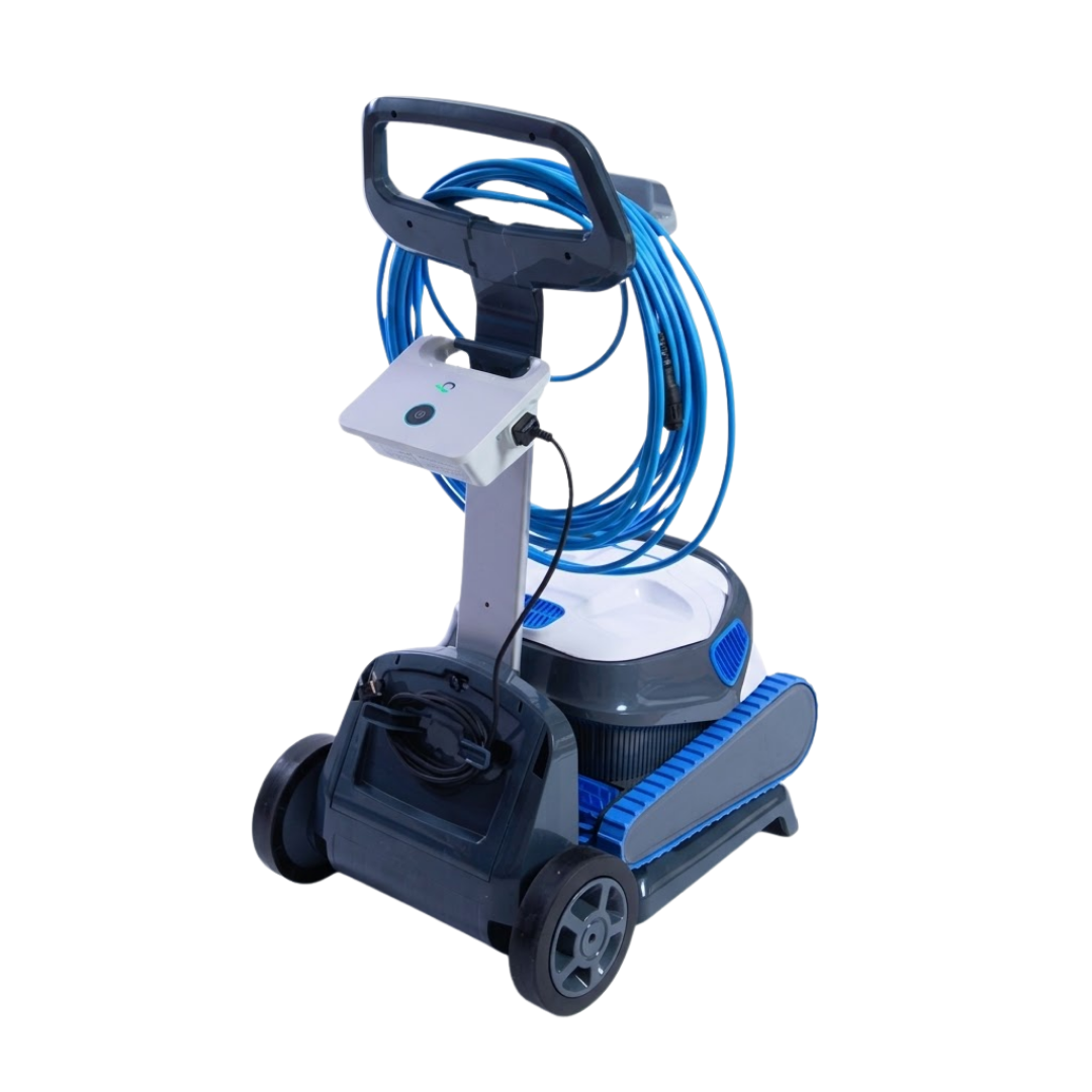 Three-quarter studio view of a Maytronics Dolphin robotic pool cleaner resting on its transport caddy on an isolated white background, complete with mounted power supply unit, coiled blue floating cable around the upper handle hook, and dark grey wheeled base frame.