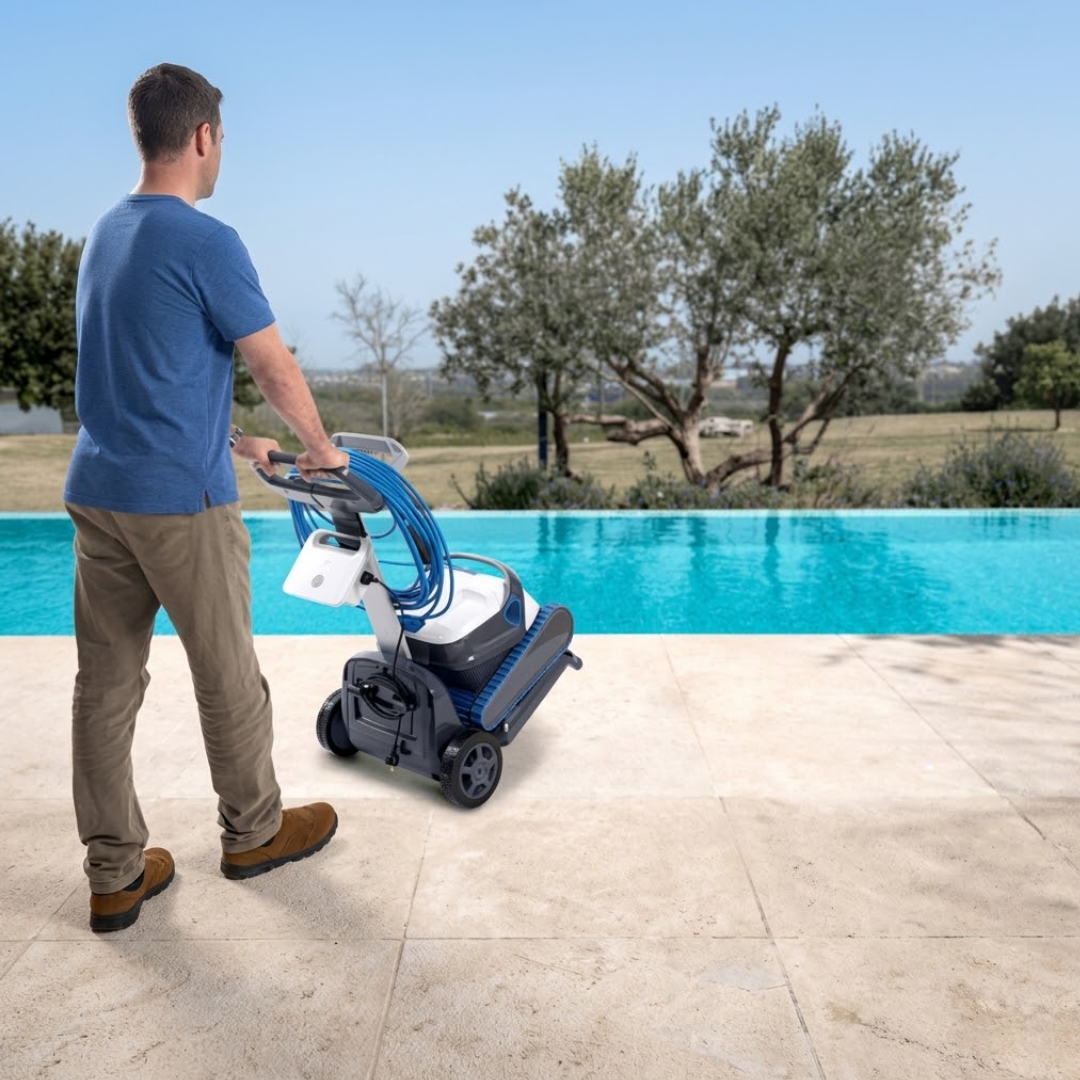 Outdoor lifestyle view of a man pushing a Maytronics Dolphin robotic pool cleaner on its transport caddy along a stone pool deck, showing the loaded cleaner, mounted power supply, neatly coiled blue cable, sunny backdrop, and clear pool water.