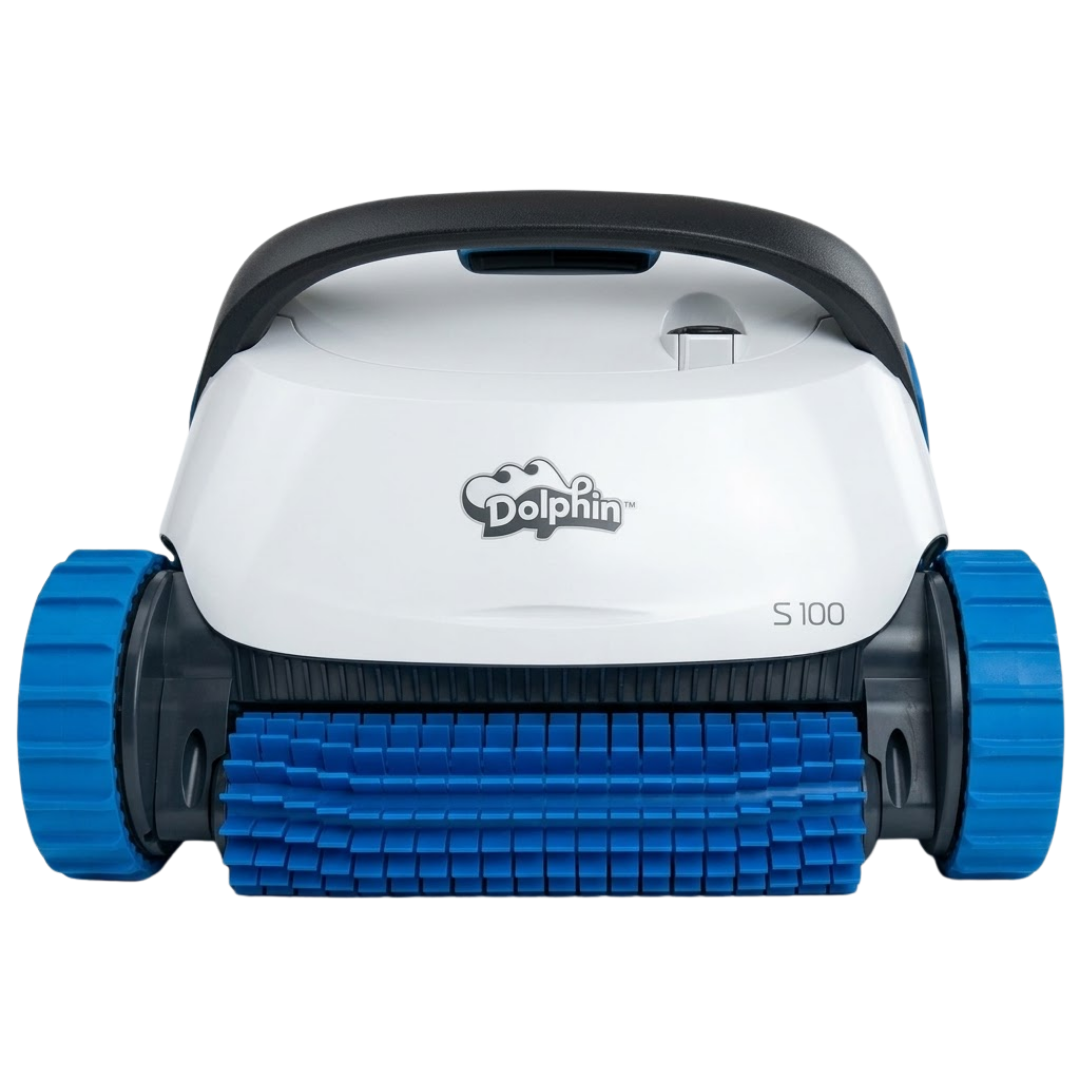 Straight-on studio product view of the white and dark grey Maytronics Dolphin S 100 robotic pool cleaner on a white background, showing its blue active front scrubbing brush and blue wheels.