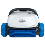 Straight-on studio product view of the white and dark grey Maytronics Dolphin S 100 robotic pool cleaner on a white background, showing its blue active front scrubbing brush and blue wheels.