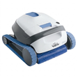 Studio product view of the Maytronics Dolphin S 100 robotic pool cleaner on a isolated white background, featuring its white top casing, grey body trim, blue continuous tracks, and front active scrubbing brush.