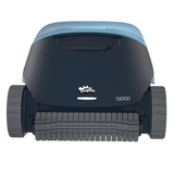 Straight-on front elevation studio view of the Maytronics Dolphin S1000 robotic pool cleaner on an isolated white background, detailing its front active scrubbing brush, central Dolphin logo, blue LED indicator bar, S1000 model designation, and side track wheels.
