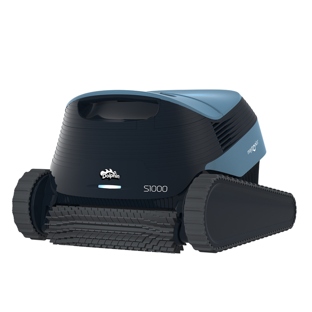 Studio product view of the Maytronics Dolphin S1000 robotic pool cleaner on an isolated white background, showcasing its dark grey front body, slate blue rear casing, front active scrubbing brush, rubber continuous tracks, LED indicator light, and S1000 branding.