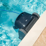 Maytronics Dolphin S1000 robotic pool cleaner climbing a wall to scrub the waterline of a backyard swimming pool.