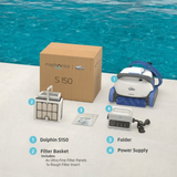 Numbered unboxing overview for the Maytronics Dolphin S 150 robotic pool cleaner showing its product packaging box alongside the main unit, filter basket with ultra-fine and rough filter inserts, user documentation folder, and power supply.