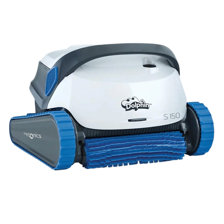 Studio product view of the white and dark grey Maytronics Dolphin S 150 robotic pool cleaner on a white background, featuring blue continuous tracks, blue side vents, and an active front scrubbing brush.