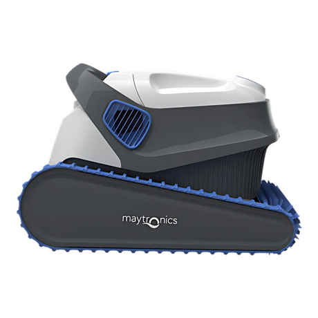 Studio side profile view of the white and dark grey Maytronics Dolphin S 150 robotic pool cleaner on a white background, highlighting its blue side vents, dark grey side panels, and blue continuous tracks.