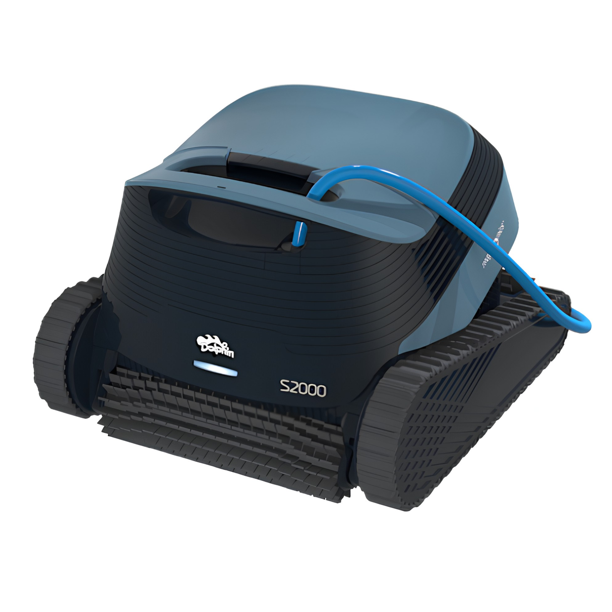 Maytronics Dolphin S2000 automatic pool cleaner featuring a blue power cable, black and blue housing, aggressive tank tracks, and front scrubbing brush.