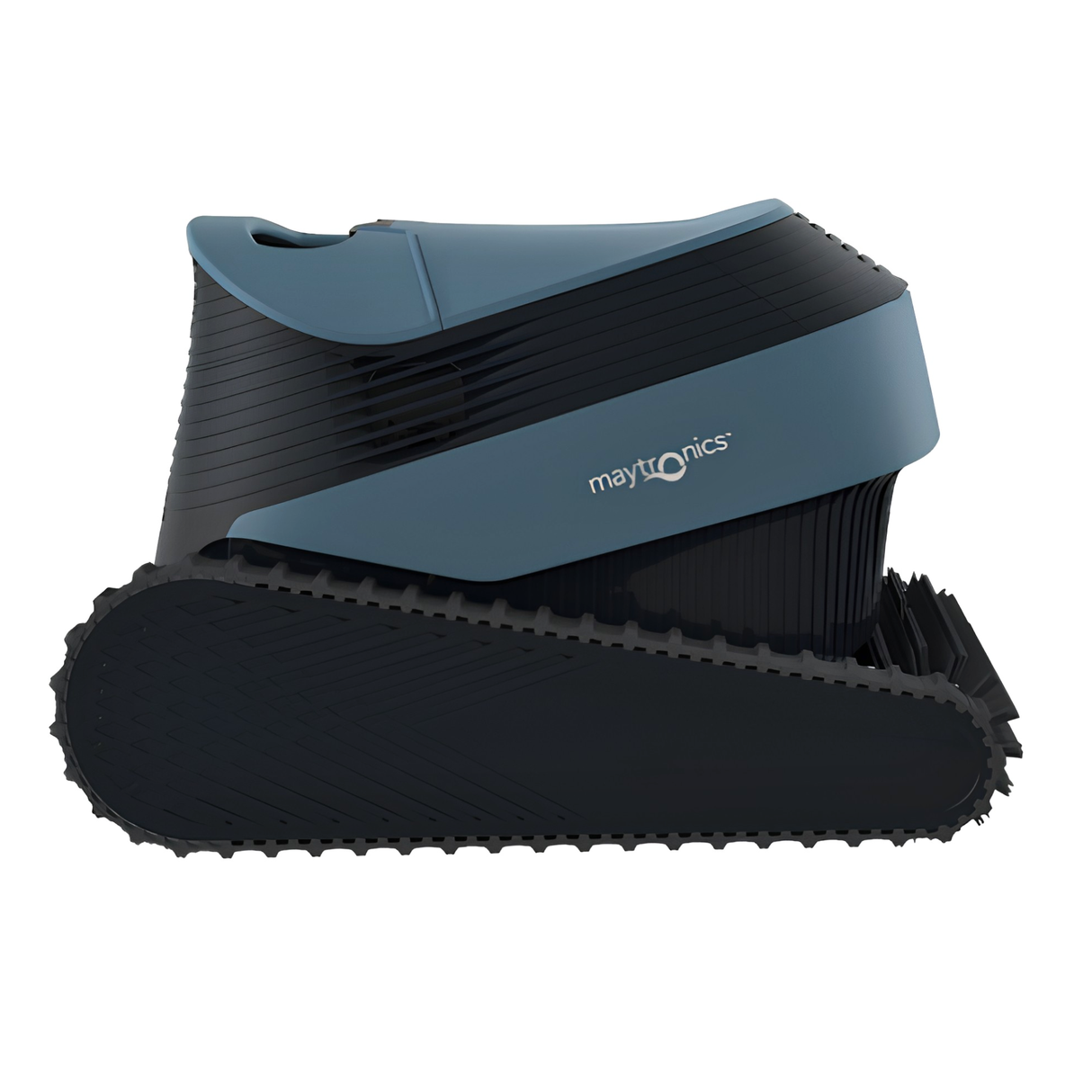 Side view of the Maytronics Dolphin S2000 robotic pool cleaner showing the black tank track, blue side panel with logo, and angled chassis design.