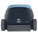 Straight-on front elevation studio view of the Maytronics Dolphin S2000 robotic pool cleaner on an isolated white background, detailing its front active scrubbing brush, central Dolphin logo, blue LED indicator bar, S2000 model designation, and side track wheels.