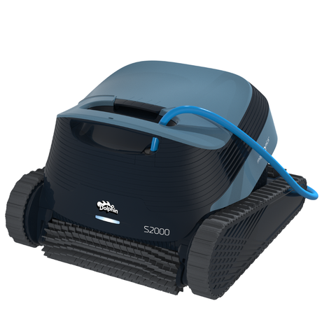 High-angle front three-quarter studio product view of the Maytronics Dolphin S2000 robotic pool cleaner on an isolated white background, showing its blue power cable attached to the top handle casing, dark grey body, slate blue top housing, front active brush, S2000 branding, and heavy-duty continuous tracks.