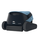 Studio product view of the Maytronics Dolphin S2000 robotic pool cleaner on an isolated white background, showcasing its dark grey front body, slate blue rear casing, front active scrubbing brush, rubber continuous tracks, LED indicator light, and S2000 branding.