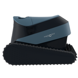 Side elevation studio product view of the Maytronics Dolphin S2000 robotic pool cleaner on an isolated white background, highlighting its continuous rubber track drive system, dark grey chassis, slate blue top casing with Maytronics branding, and front scrubbing brush profile.