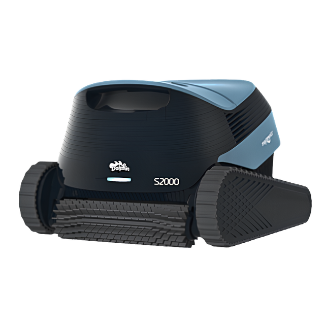 Maytronics Dolphin S2000 robotic swimming pool cleaner featuring a black and light blue chassis, dual heavy-duty tracks, and an active scrubbing brush.