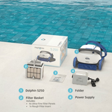 Numbered unboxing overview for the Maytronics Dolphin S 250 robotic pool cleaner displayed by a pool, showing the retail box alongside the cleaner unit, top-access filter basket with ultra-fine and rough filter inserts, documentation folder, and power supply unit.