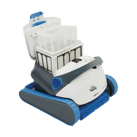 Studio view of the white and dark grey Maytronics Dolphin S 250 robotic pool cleaner with its top access lid open, showcasing the removable multi-layer fine filter basket.