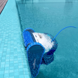 Outdoor lifestyle view of the white and dark grey Maytronics Dolphin S 250 robotic pool cleaner actively scrubbing along the tiled pool waterline with its front active brush at the water surface.