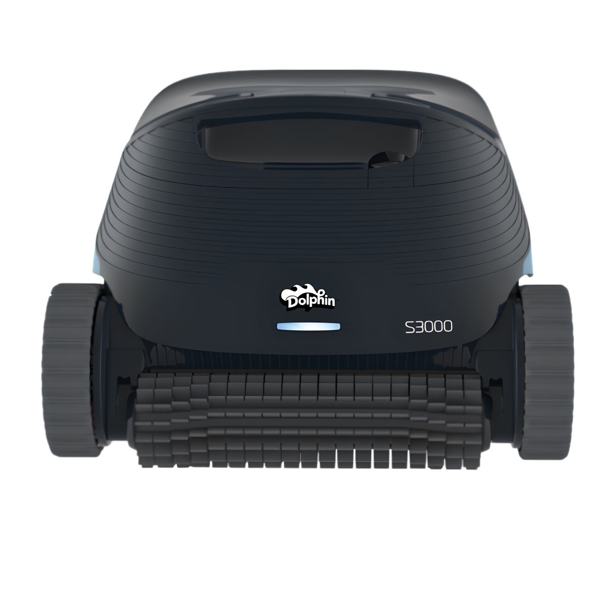 Front view of the Maytronics Dolphin S3000 robotic pool cleaner showing the central Dolphin logo, white LED light indicator bar, and active scrubbing roller brush.
