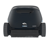Front view of the Maytronics Dolphin S3000 robotic pool cleaner showing the central Dolphin logo, white LED light indicator bar, and active scrubbing roller brush.