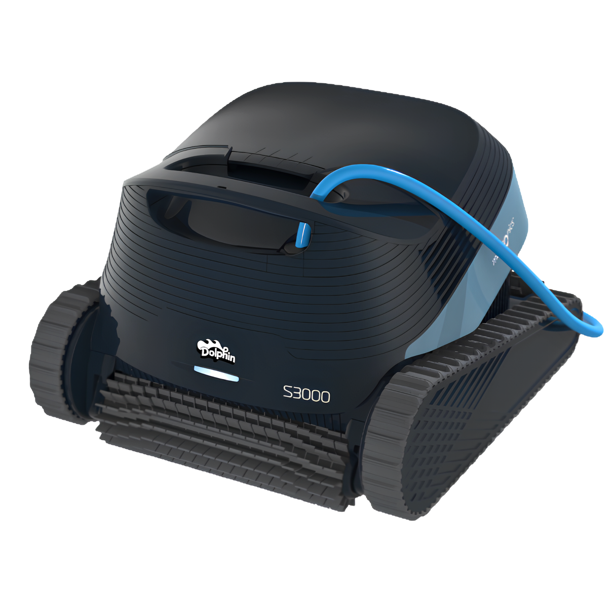 Maytronics Dolphin S3000 automatic pool cleaner featuring a blue power cable, black and blue housing, aggressive tank tracks, and front scrubbing brush.