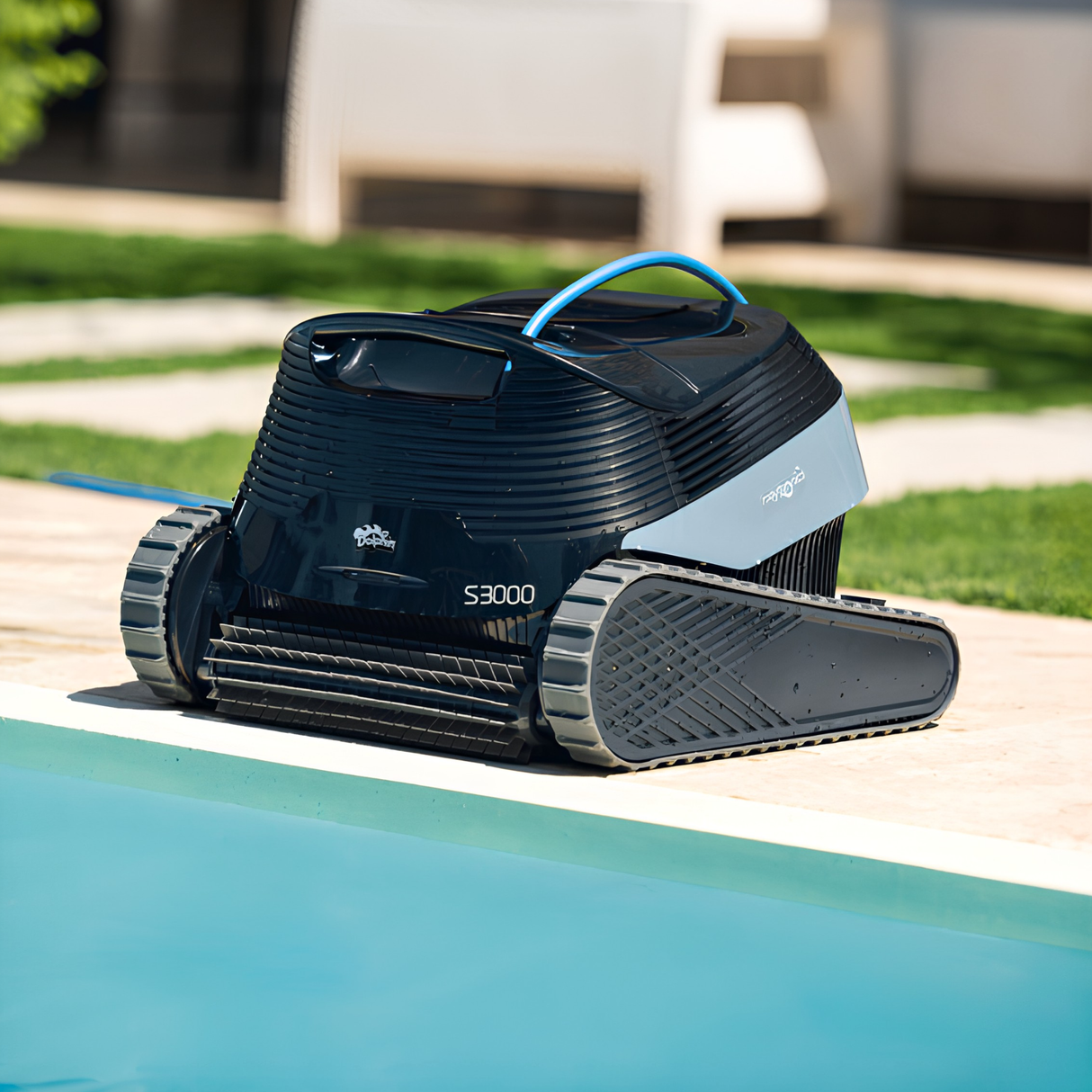 Maytronics Dolphin S3000 automatic robotic pool vacuum sitting poolside on a concrete deck next to clean blue water
