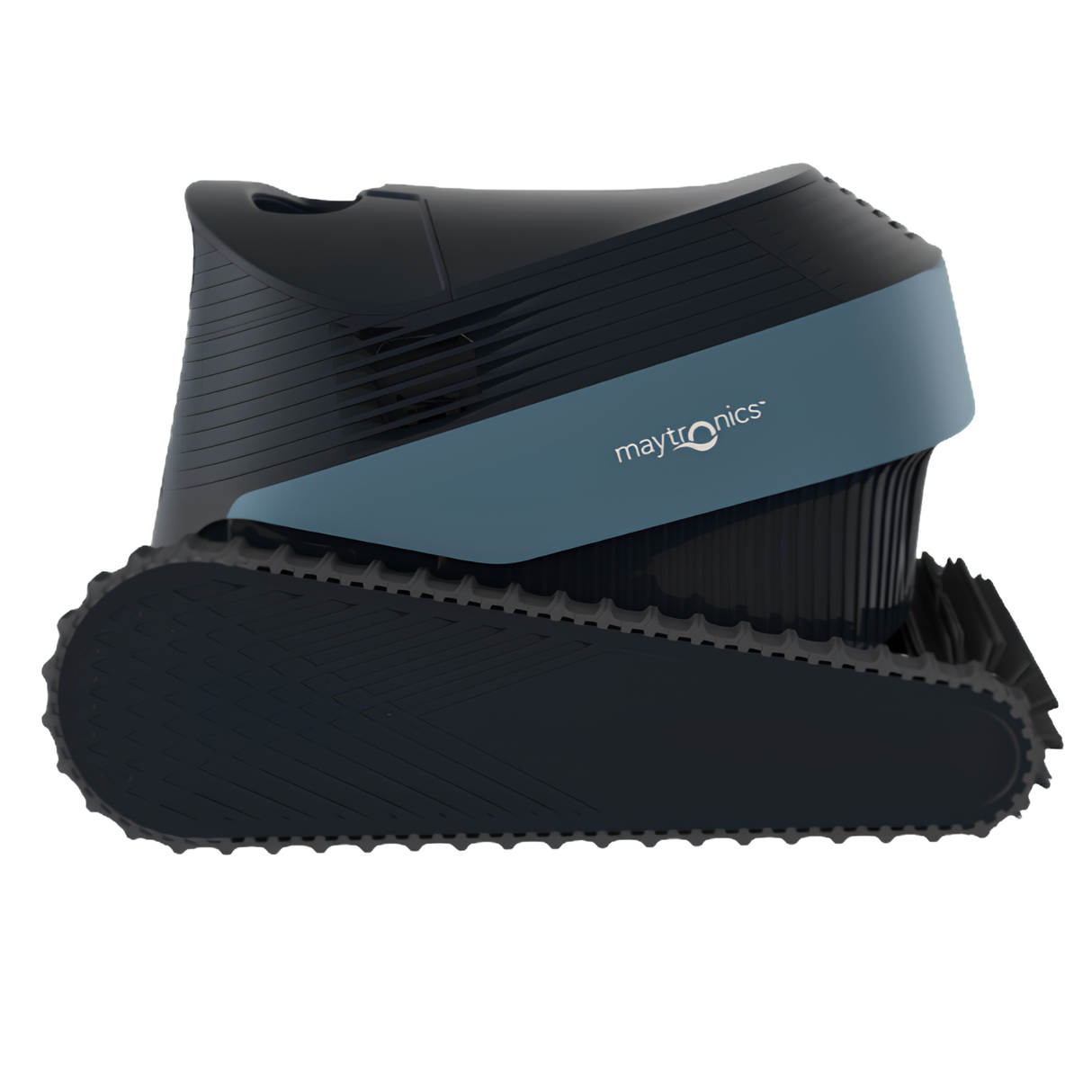 Side profile view of the Maytronics Dolphin S3000 robotic pool cleaner showing the black tank tracks and blue side panel with the Maytronics logo.