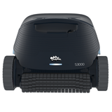 Straight-on front elevation studio view of the Maytronics Dolphin S3000 robotic pool cleaner on an isolated white background, detailing its front active scrubbing brush, central Dolphin logo, blue LED indicator light bar, S3000 model designation, and side track wheels.