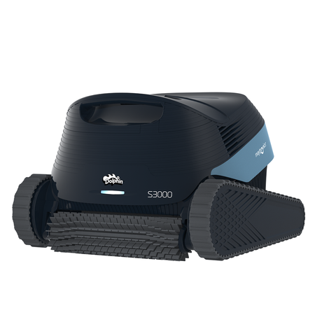 Studio product view of the Maytronics Dolphin S3000 robotic pool cleaner on an isolated white background, showcasing its dark navy front body, slate blue rear accents, front active scrubbing brush, rubber continuous tracks, illuminated LED indicator light bar, and S3000 branding.