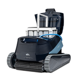 Studio product view of the Maytronics Dolphin S3000 robotic pool cleaner on an isolated white background, with its top lid open to display the top-load filter basket partially lifted out for maintenance.