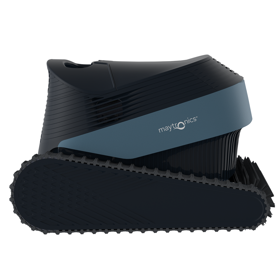 Side elevation studio product view of the Maytronics Dolphin S3000 robotic pool cleaner on an isolated white background, highlighting its continuous rubber track drive system, dark navy body casing, slate blue side panel with Maytronics branding, and front active scrubbing brush profile.