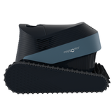 Side elevation studio product view of the Maytronics Dolphin S3000 robotic pool cleaner on an isolated white background, highlighting its continuous rubber track drive system, dark navy body casing, slate blue side panel with Maytronics branding, and front active scrubbing brush profile.