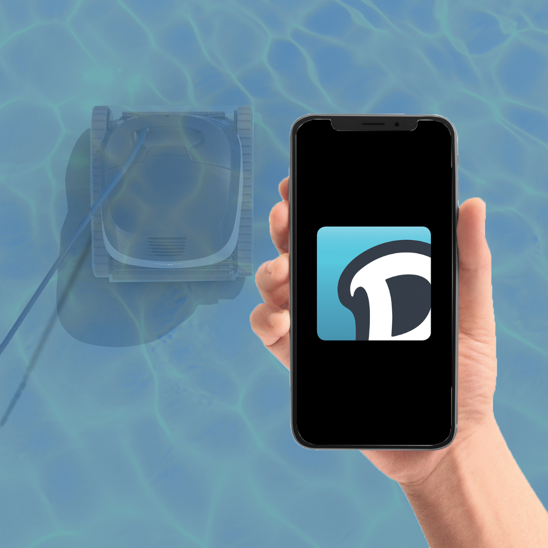 Close-up view of a hand holding a smartphone displaying the MyDolphin app icon, with a submerged Maytronics Dolphin S3000 robotic pool cleaner visible underwater in the background, demonstrating smart mobile app control features.