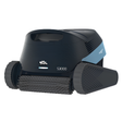 Maytronics Dolphin S3000 robotic swimming pool cleaner with a black front chassis, light blue side panels, dual tracks, and active scrubbing roller brush.
