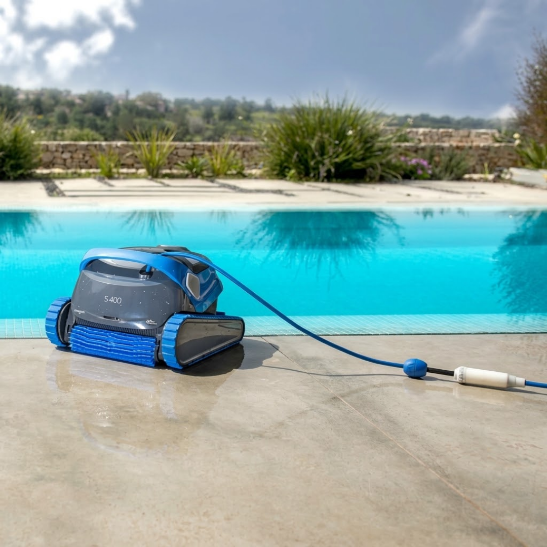 Outdoor lifestyle view of the dark grey and blue Maytronics Dolphin S 400 robotic pool cleaner resting on wet poolside paving next to a clear blue pool, showing its attached blue power cable and swivel connection mechanism.