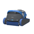 Studio product view of the Maytronics Dolphin S 400 robotic pool cleaner on a white background, featuring a dark grey body with vibrant blue handle, blue continuous tracks, and a blue active front scrubbing brush.