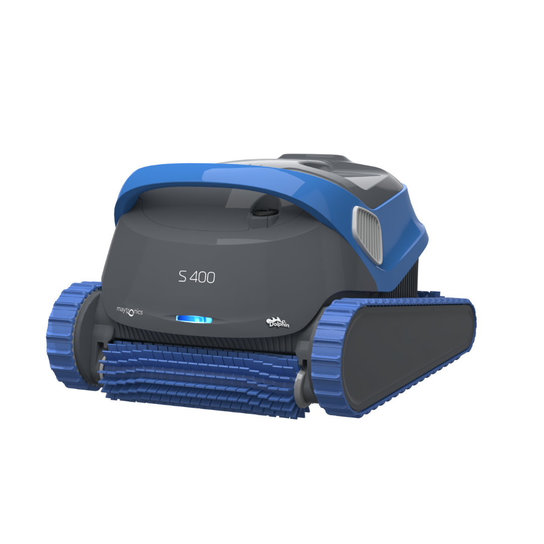 Studio product view of the Maytronics Dolphin S 400 robotic pool cleaner on a white background, featuring a dark grey body with vibrant blue handle, blue continuous tracks, and a blue active front scrubbing brush.