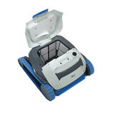 Studio product view of the white and grey Maytronics Dolphin S 50 robotic pool cleaner on a white background, shown with its top access hatch open to reveal the internal filter canister.