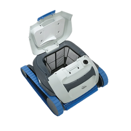 Studio product view of the white and grey Maytronics Dolphin S 50 robotic pool cleaner on a white background, shown with its top access hatch open to reveal the internal filter canister.